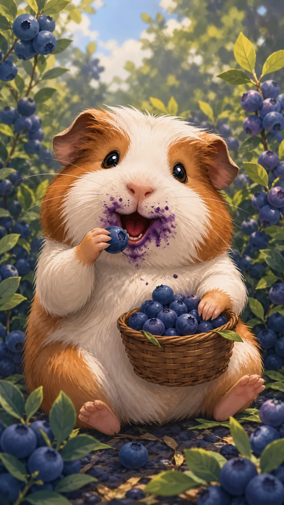 A Happy Guinea Pig Enjoys Blueberries Among Leafy Bushes
