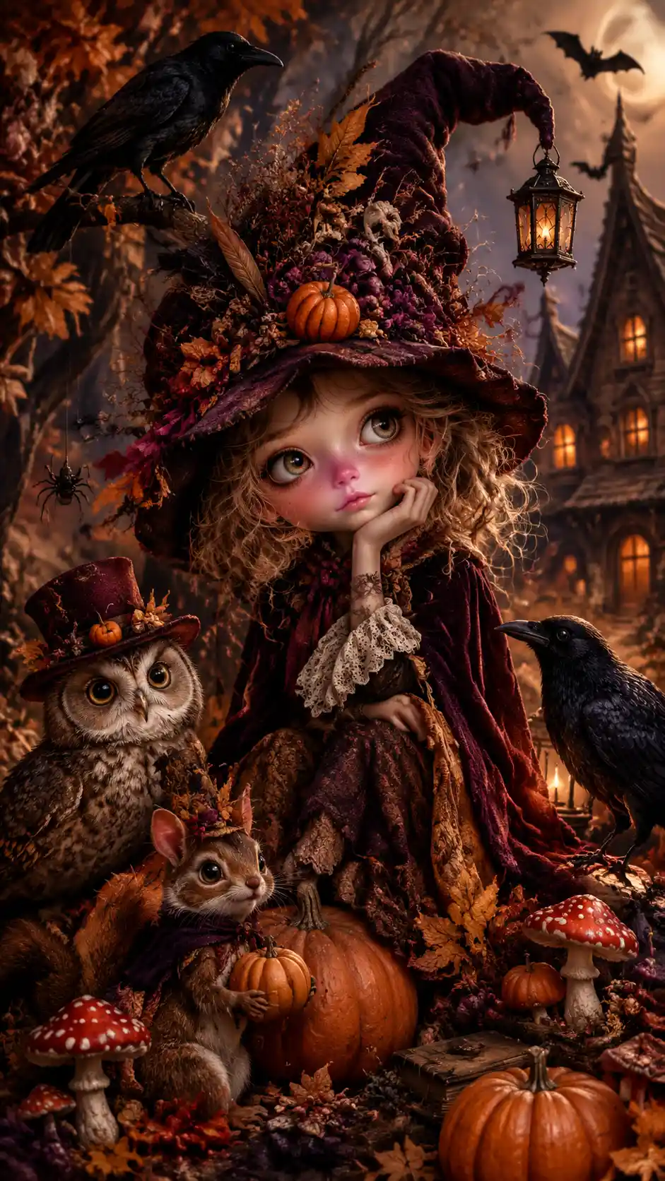 Whimsical woodland folk in a gothic autumn fantasy