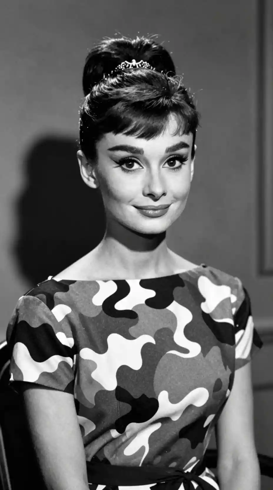 Retrato de Audrey Hepburn sonriente con un vestido de cuadros