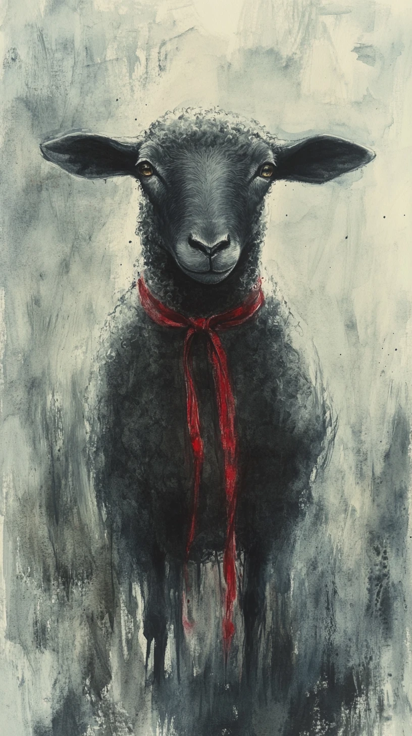 A cheerful black sheep wears a red bow in a watercolor scene