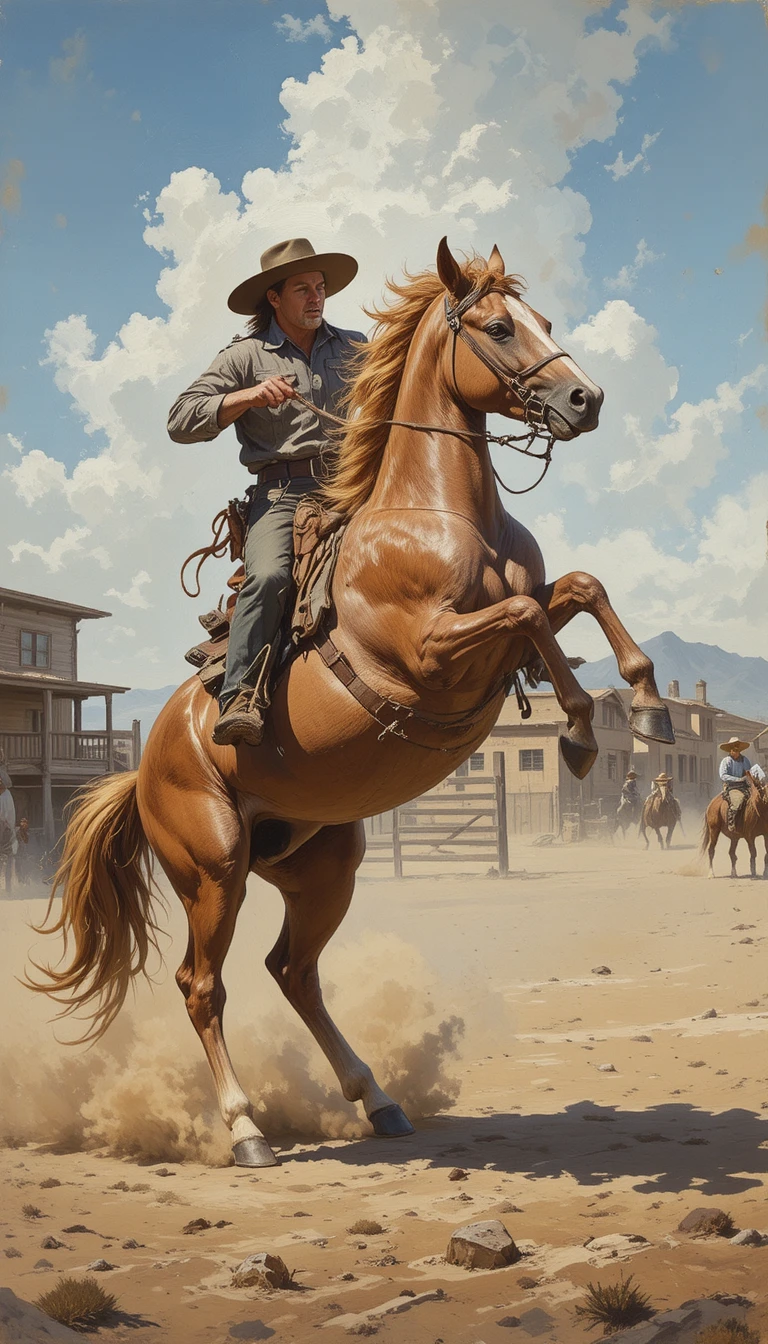 Un cowboy dompte un mustang cabré dans un enclos poussiéreux de l’Ouest