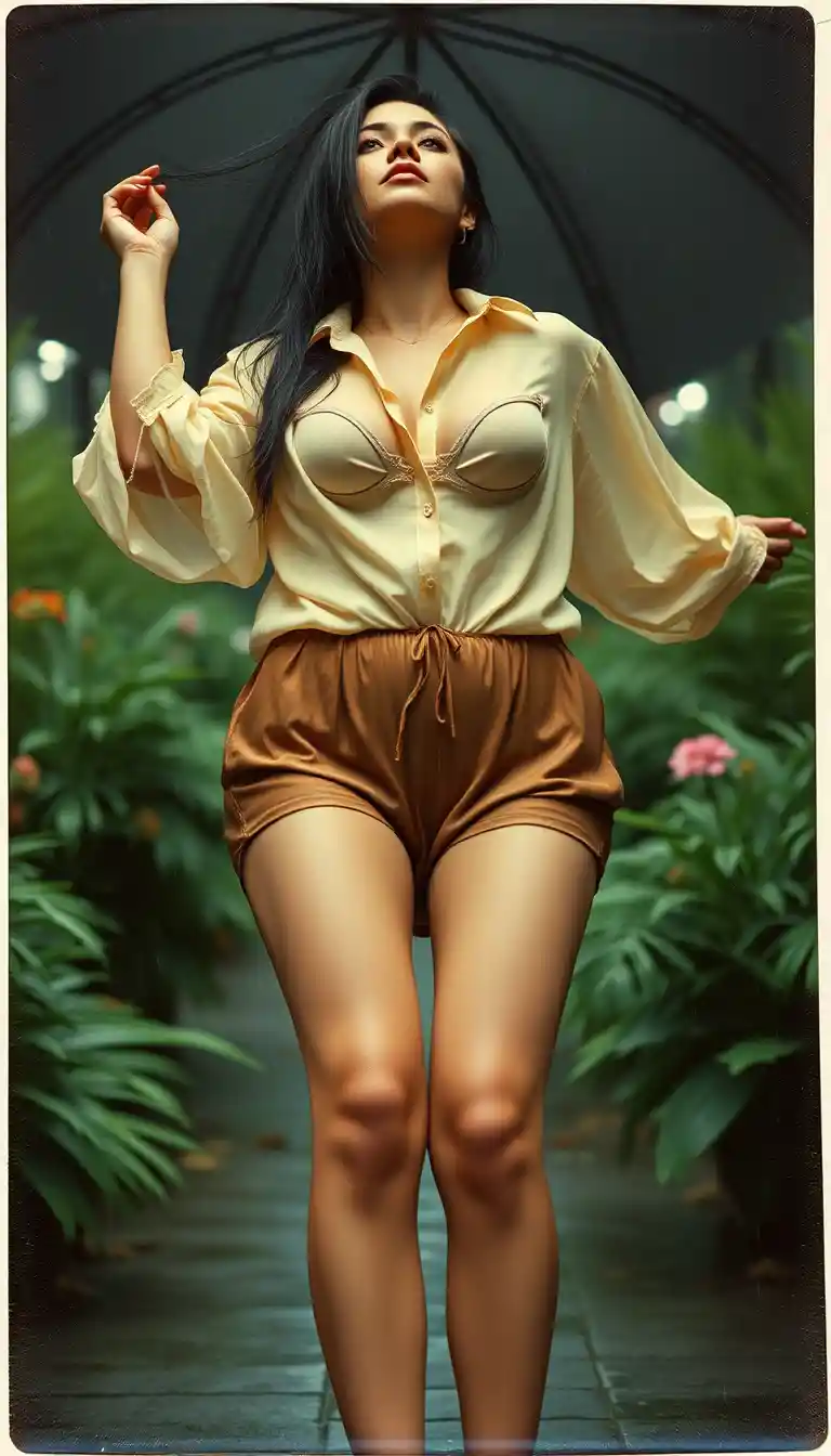 A woman viewed from below in a rainy botanical garden