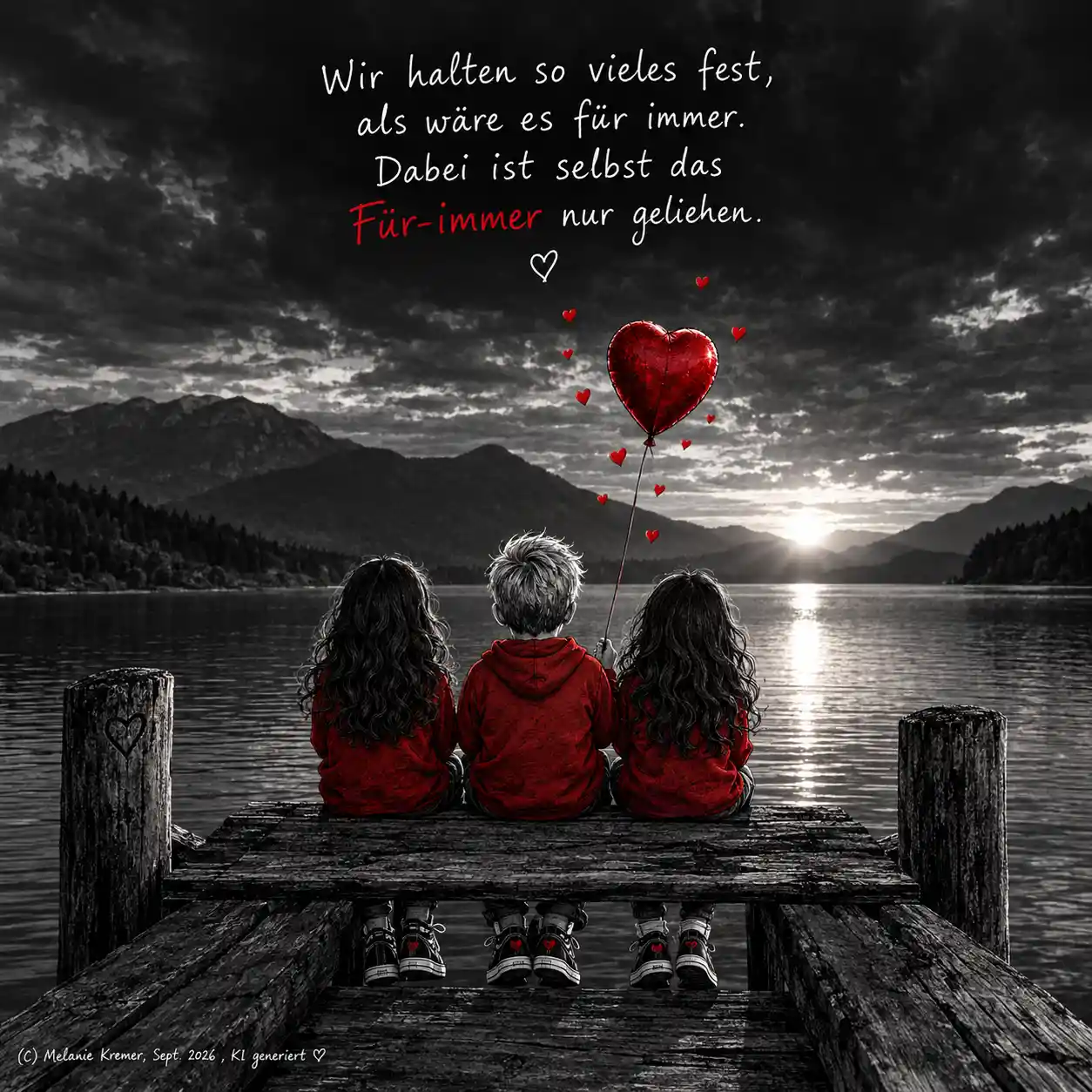 Three children sit together on a wooden pier overlooking a lake