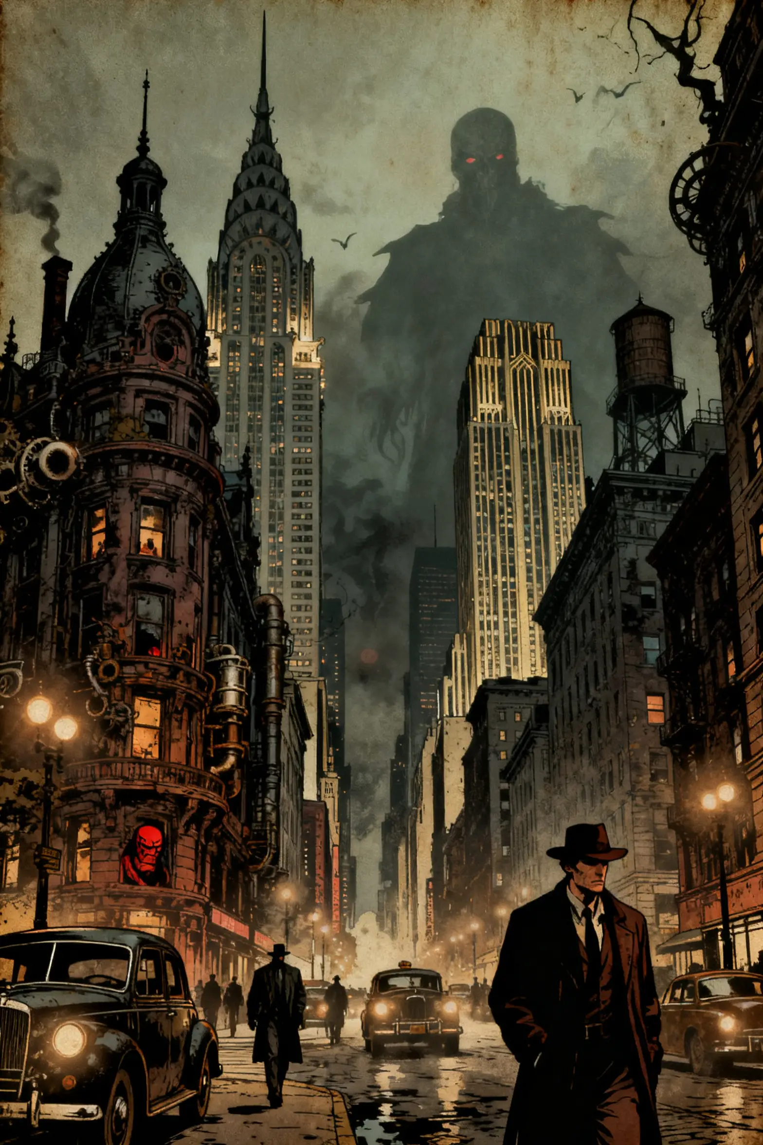 A gritty comic book street scene in dark New York City