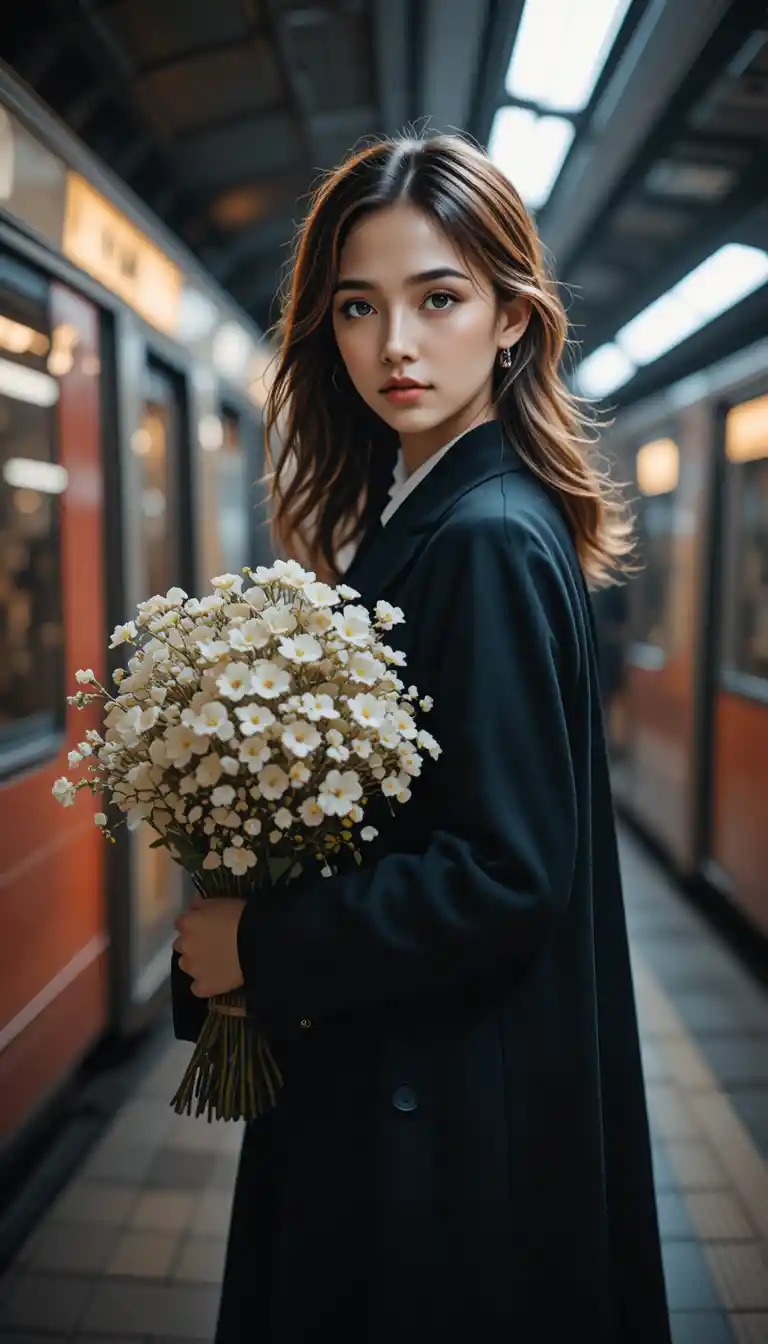 Young woman holds a white baby's-breath bouquet on a subway platform