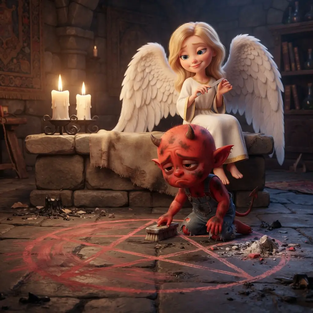 Un pequeño demonio frota un pentagrama medio borrado sobre la piedra