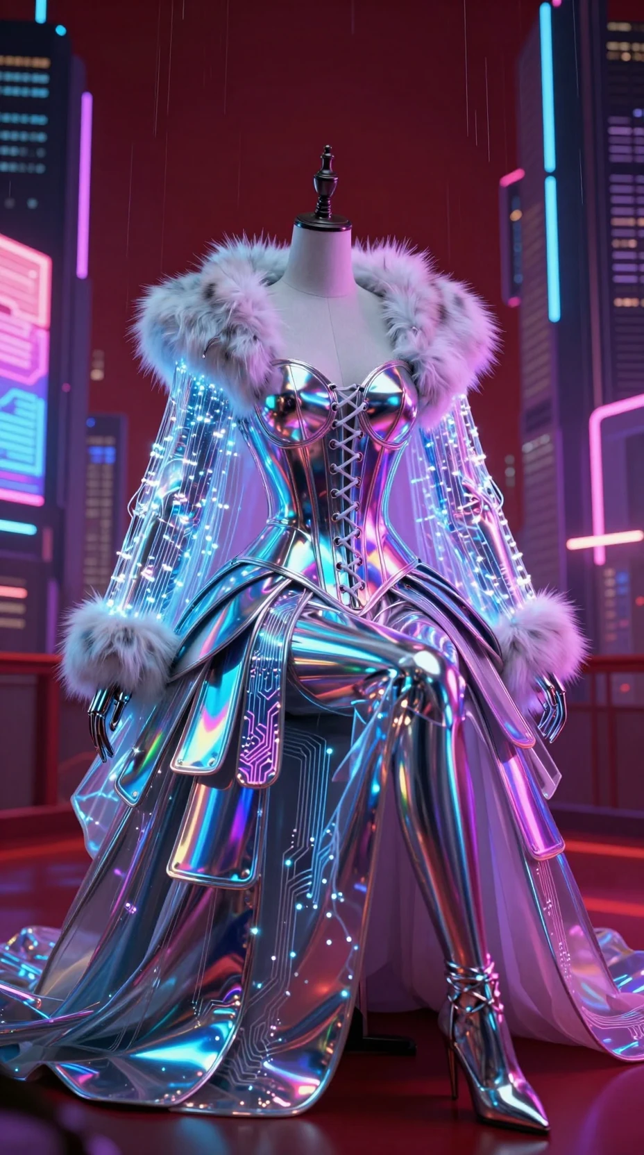 A seated figure glows against a futuristic neon backdrop