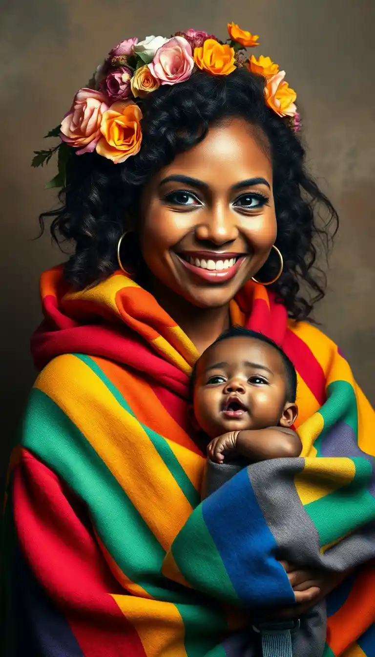 A Smiling Mother Cradles Her Baby Beneath a Colorful Floral Crown in a Rainbow Blanket