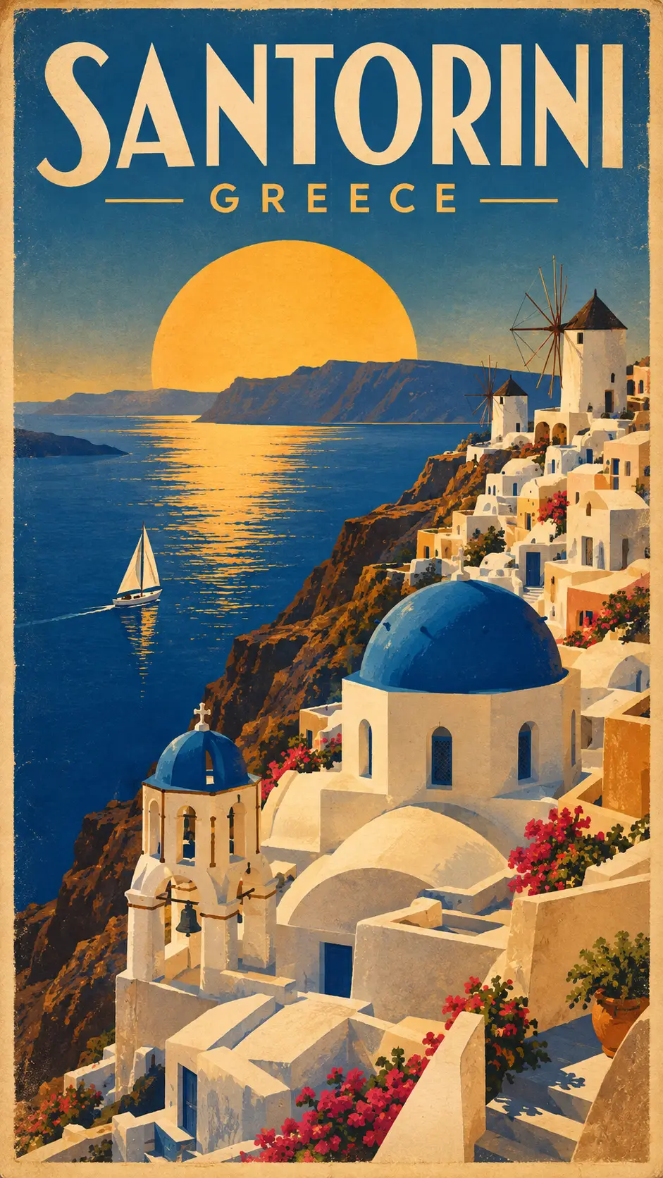 El pueblo encalado de Santorini desciende hacia el azul profundo del mar Egeo