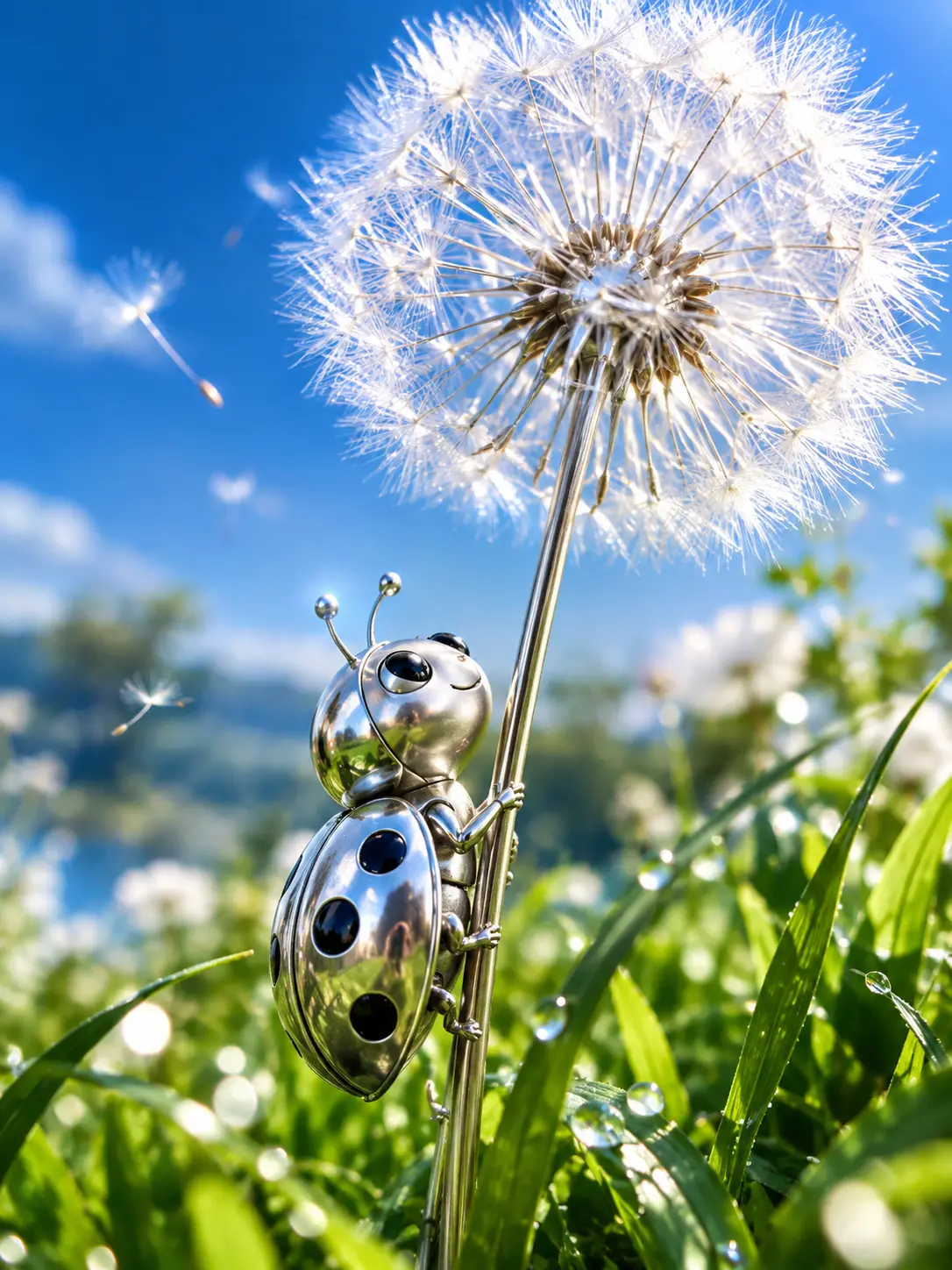 A Silver Ladybug Sculpture Reaches Toward a Dandelion Stem