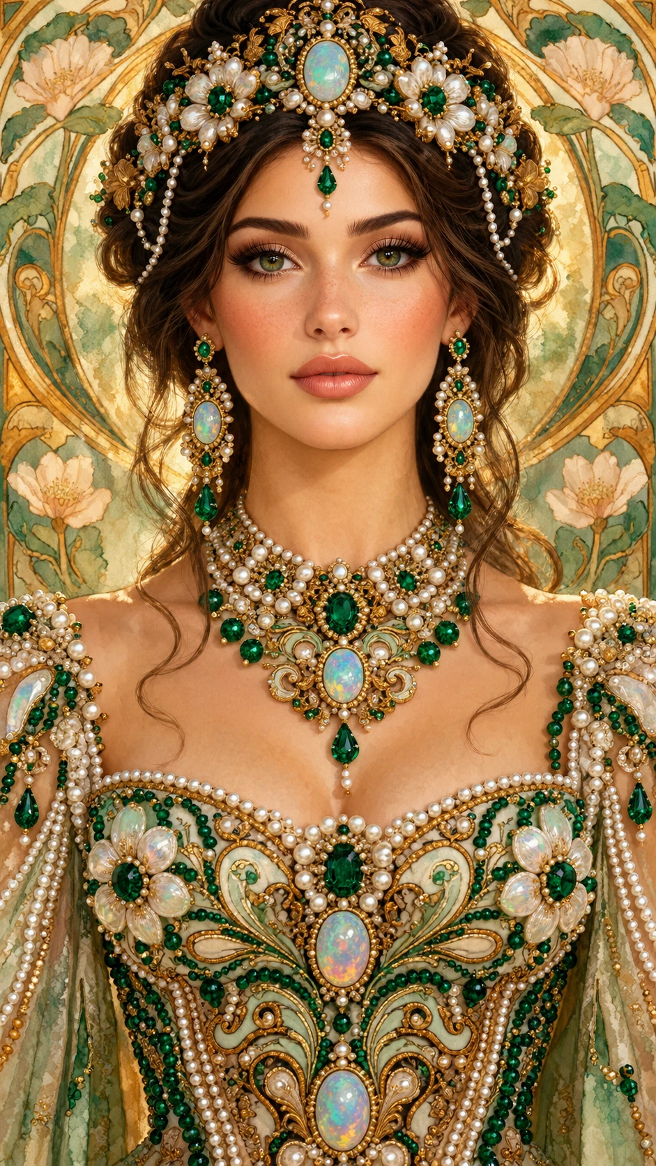 A woman in an ornate jewel-encrusted dress with gold filigree