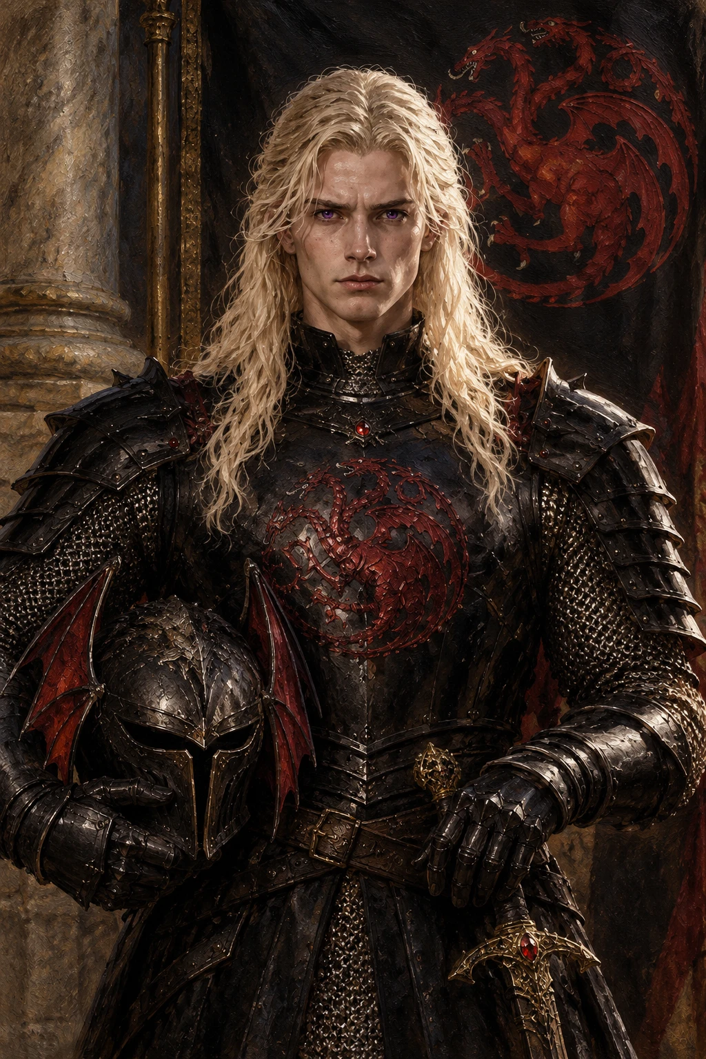 A Young Man in Ornate Dragon Armor Holds a Black Helmet