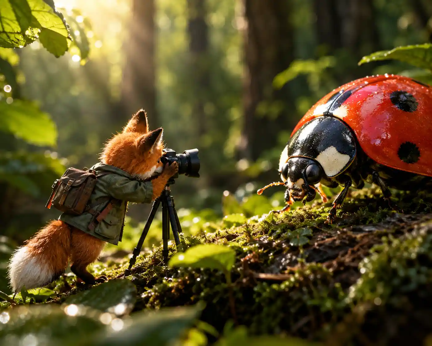 A tiny fox photographer captures a giant ladybug in the forest