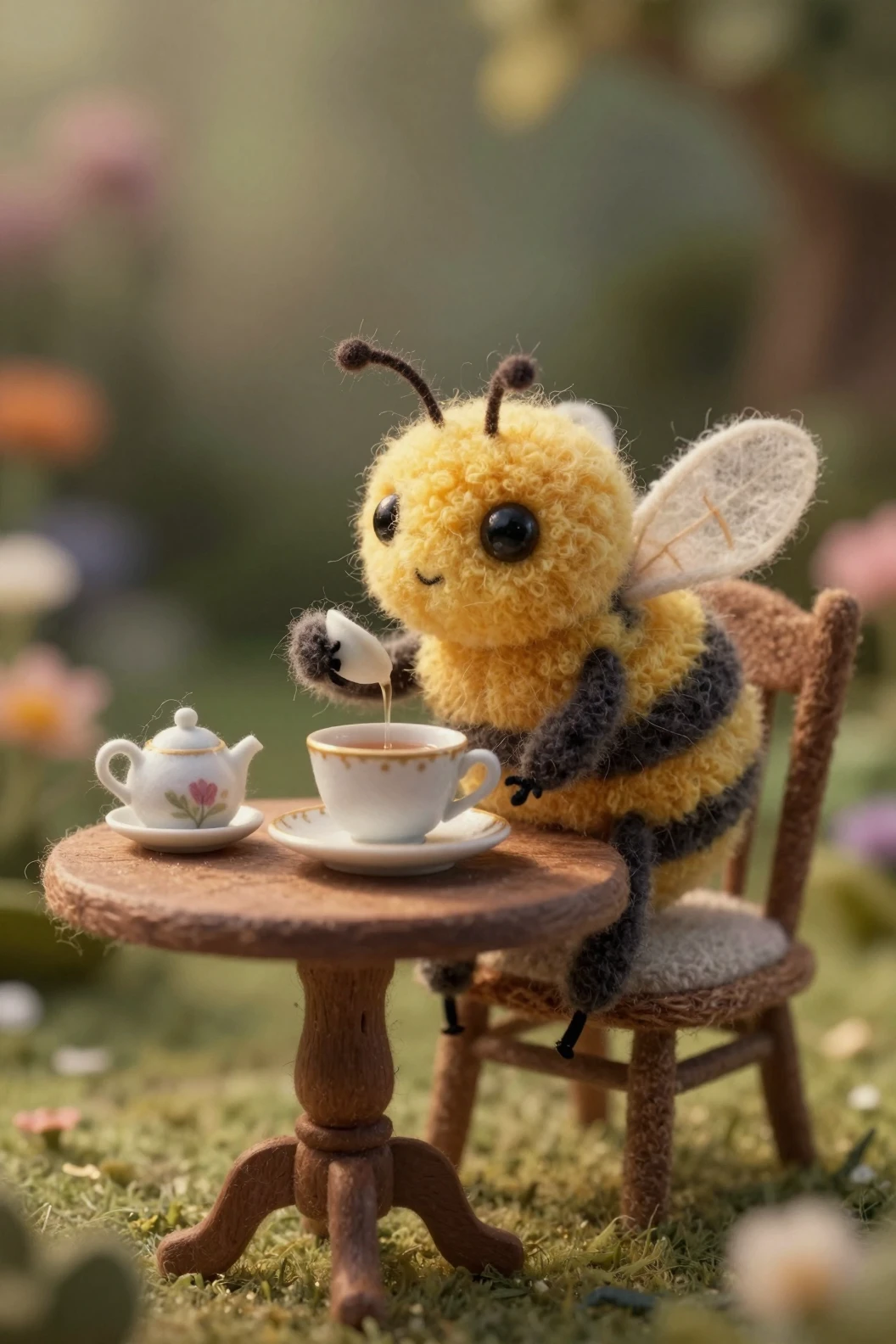 A felted wool bee enjoys afternoon tea at a miniature wooden table