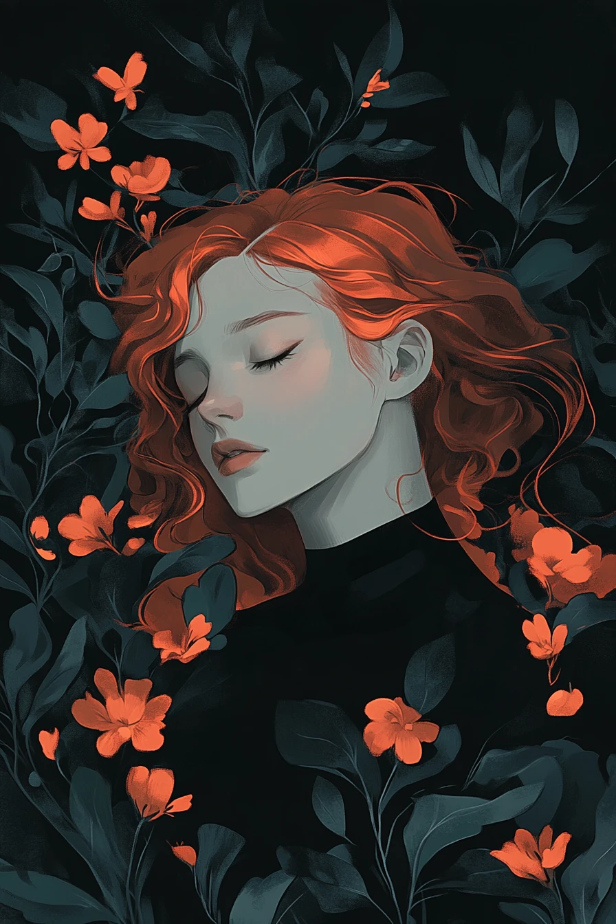 Mujer de anime enmarcada por flores sobre un fondo luminoso en tonos verde azulado y carbón