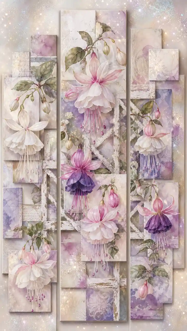 White fuchsia flowers adorn an old trellis in a layered collage
