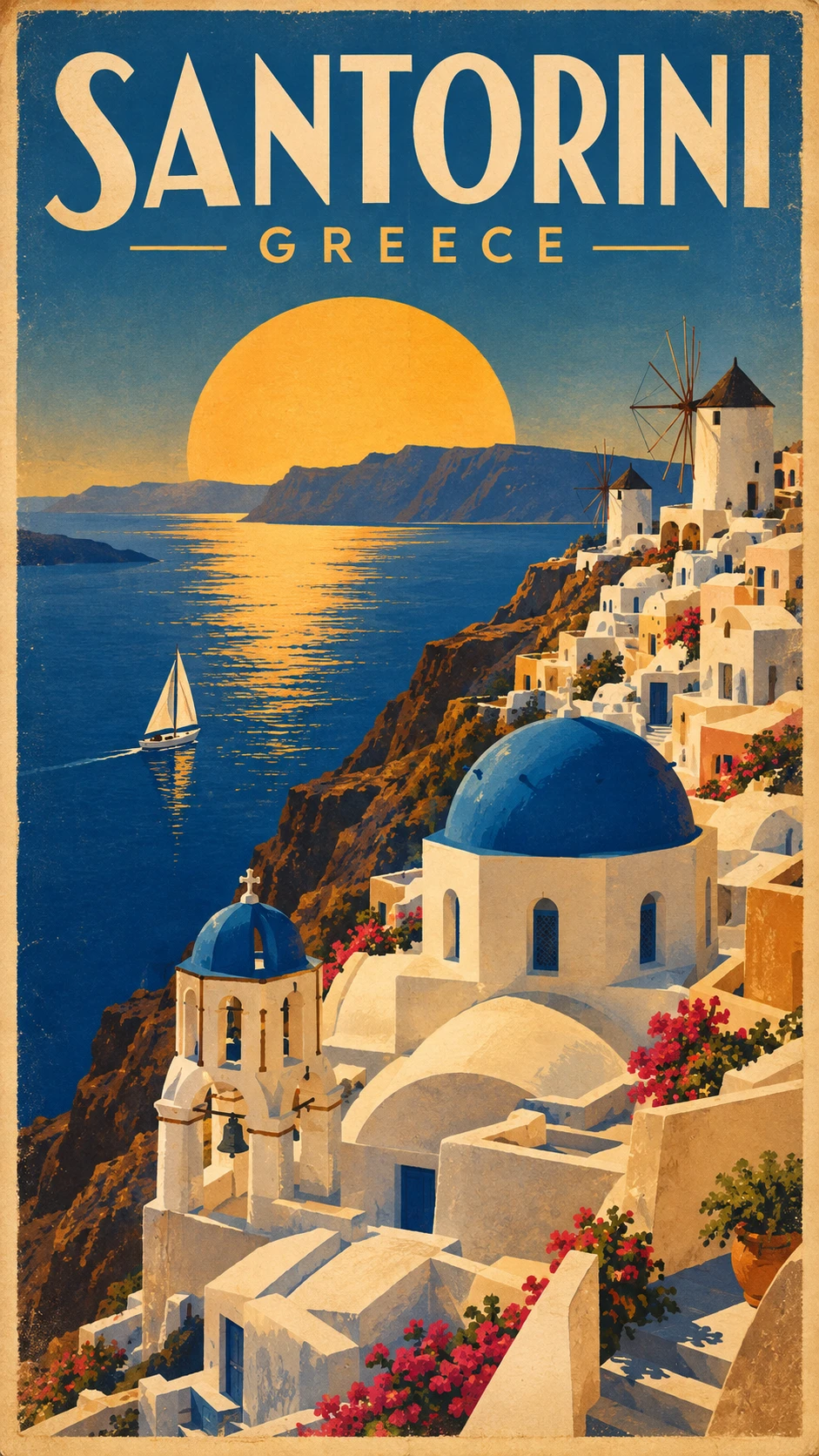 Santorini’s whitewashed village descends toward the deep blue Aegean Sea