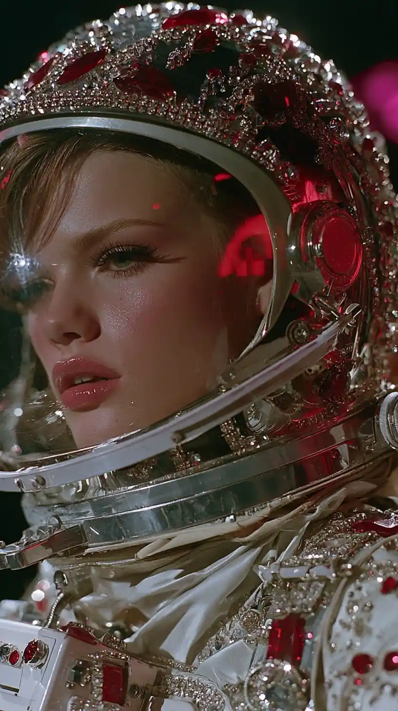 Una donna con un casco da astronauta futuristico impreziosito da gioielli e riflessi rossi