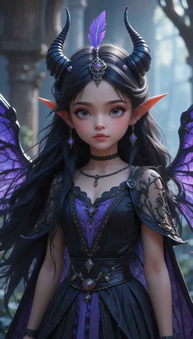 An eleven-year-old fantasy girl with dark fairy and demon features