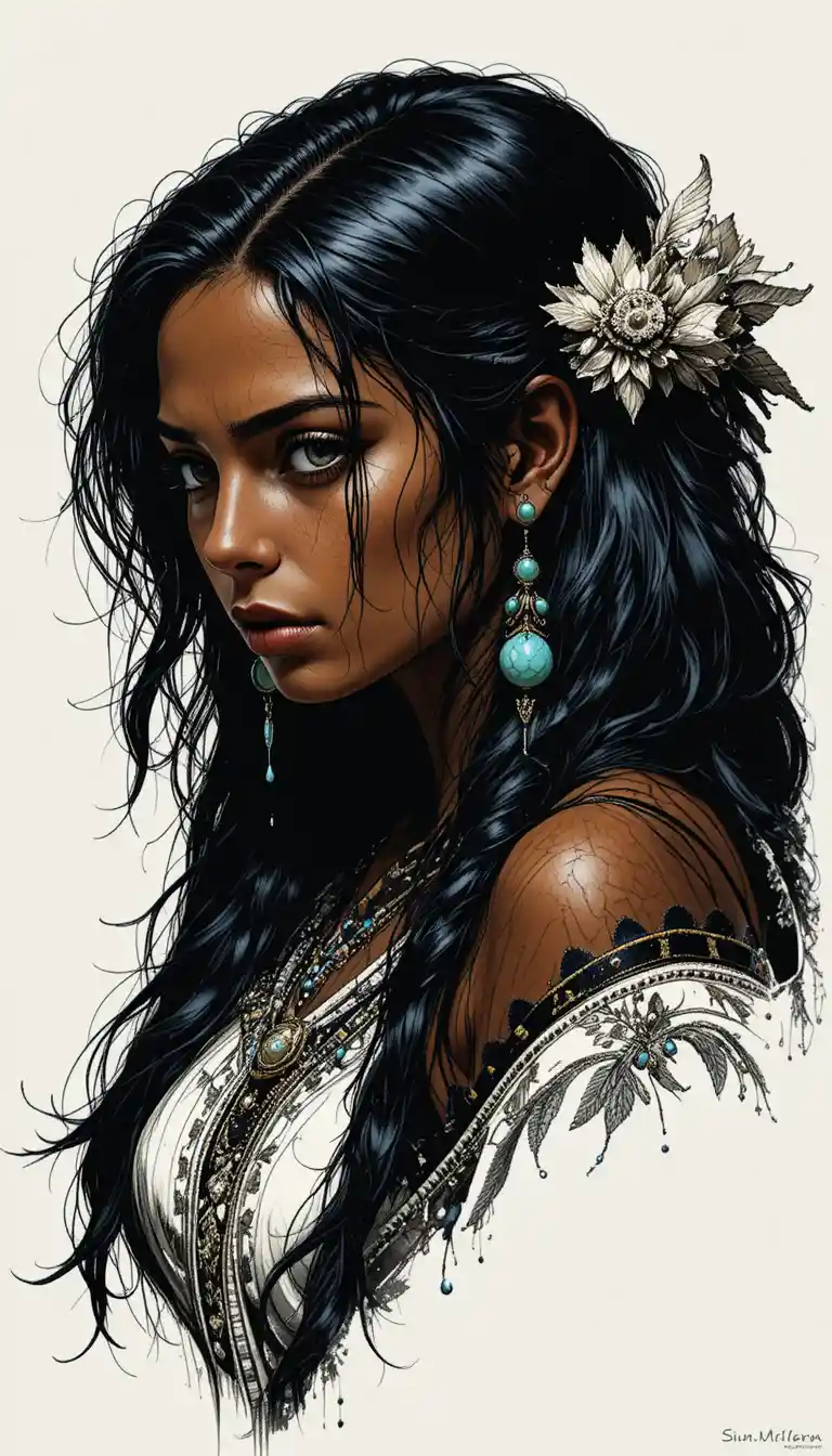 A tearful young Teotihuacan priestess in dramatic comic book shadows