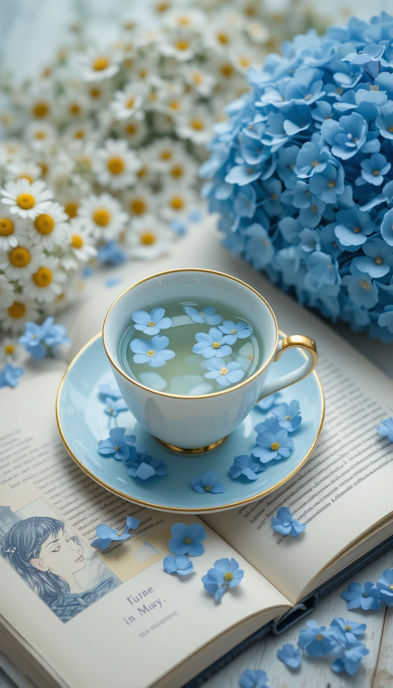 A gold-rimmed teacup with blue hydrangea petals on an open book