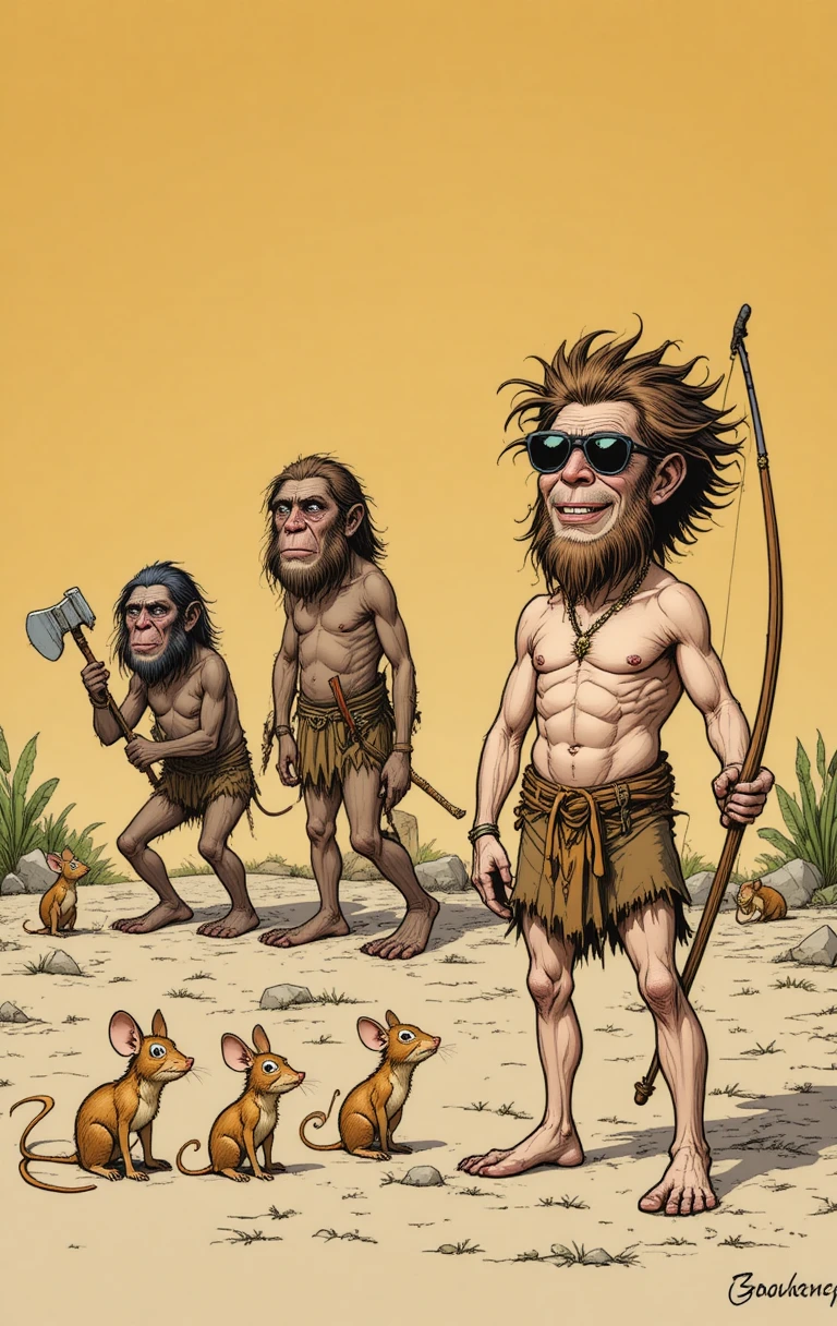 Ein humorvoller Cartoon stellt frühe menschliche Vorfahren der modernen Technologie gegenüber