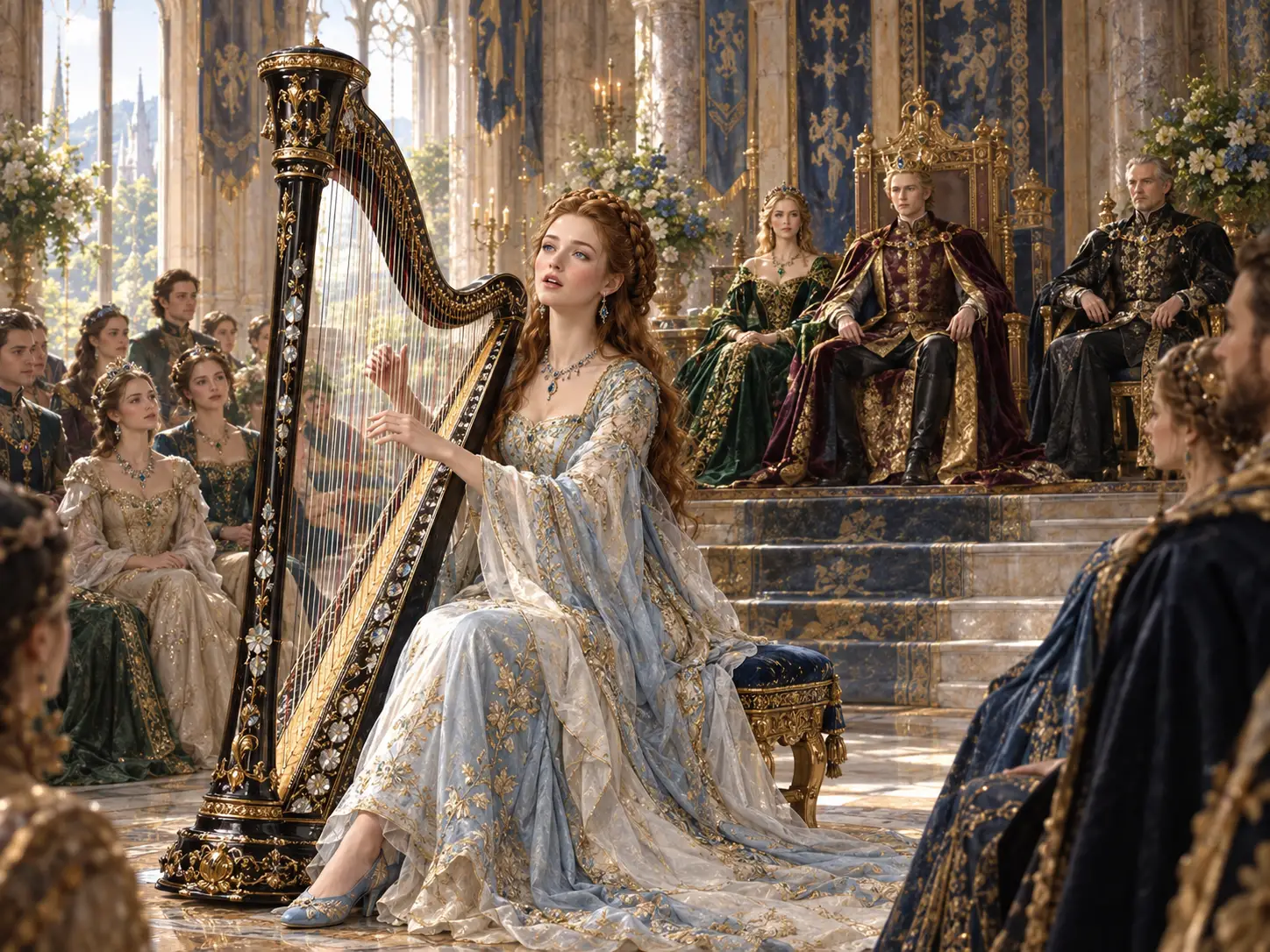 A young woman sings while playing a harp in a grand hall