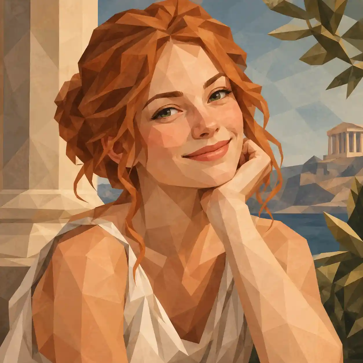 A relaxed redheaded woman smiles in an elegant low poly portrait