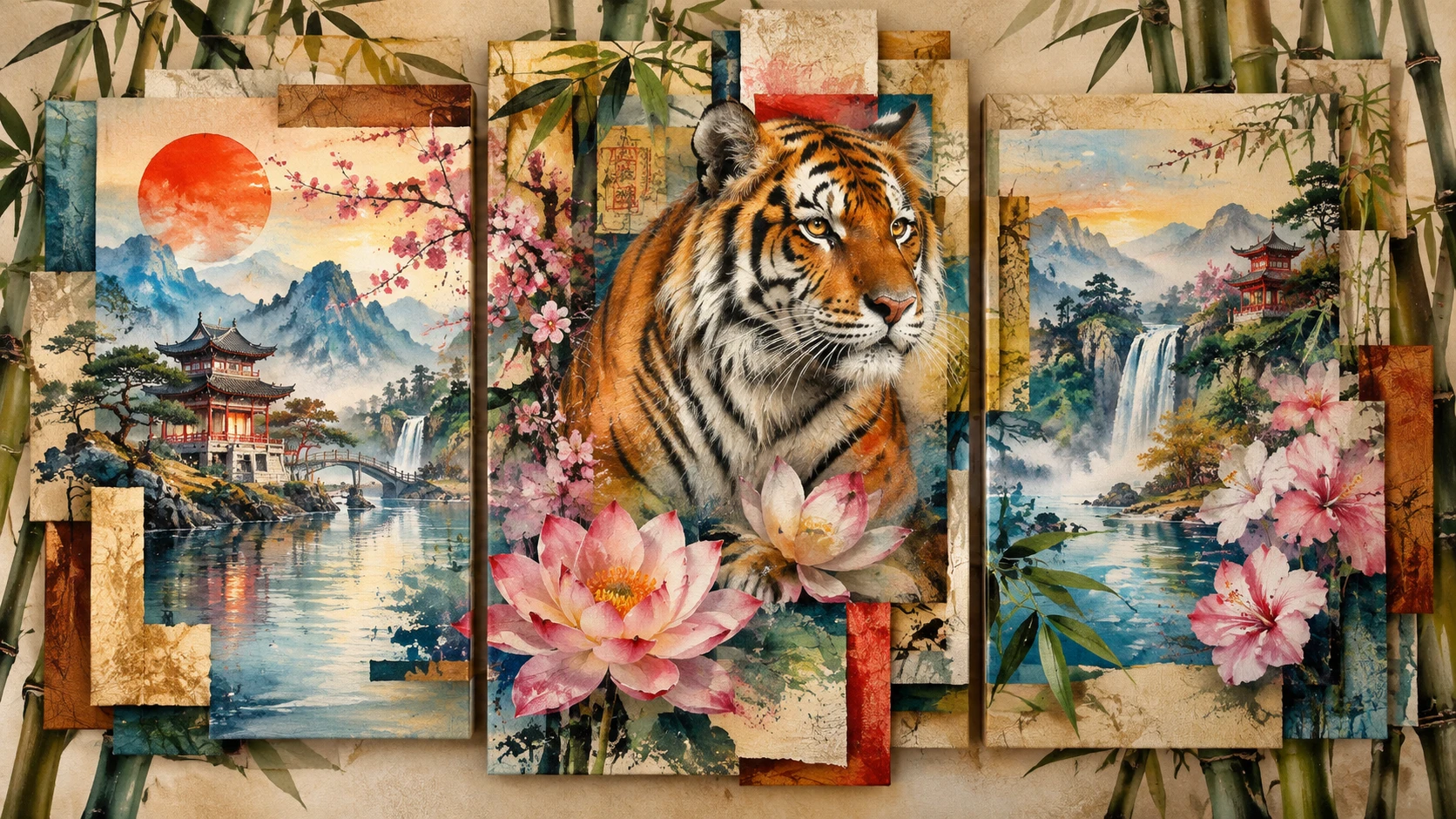 Un tigre y flores dan vida a un paisaje asiático