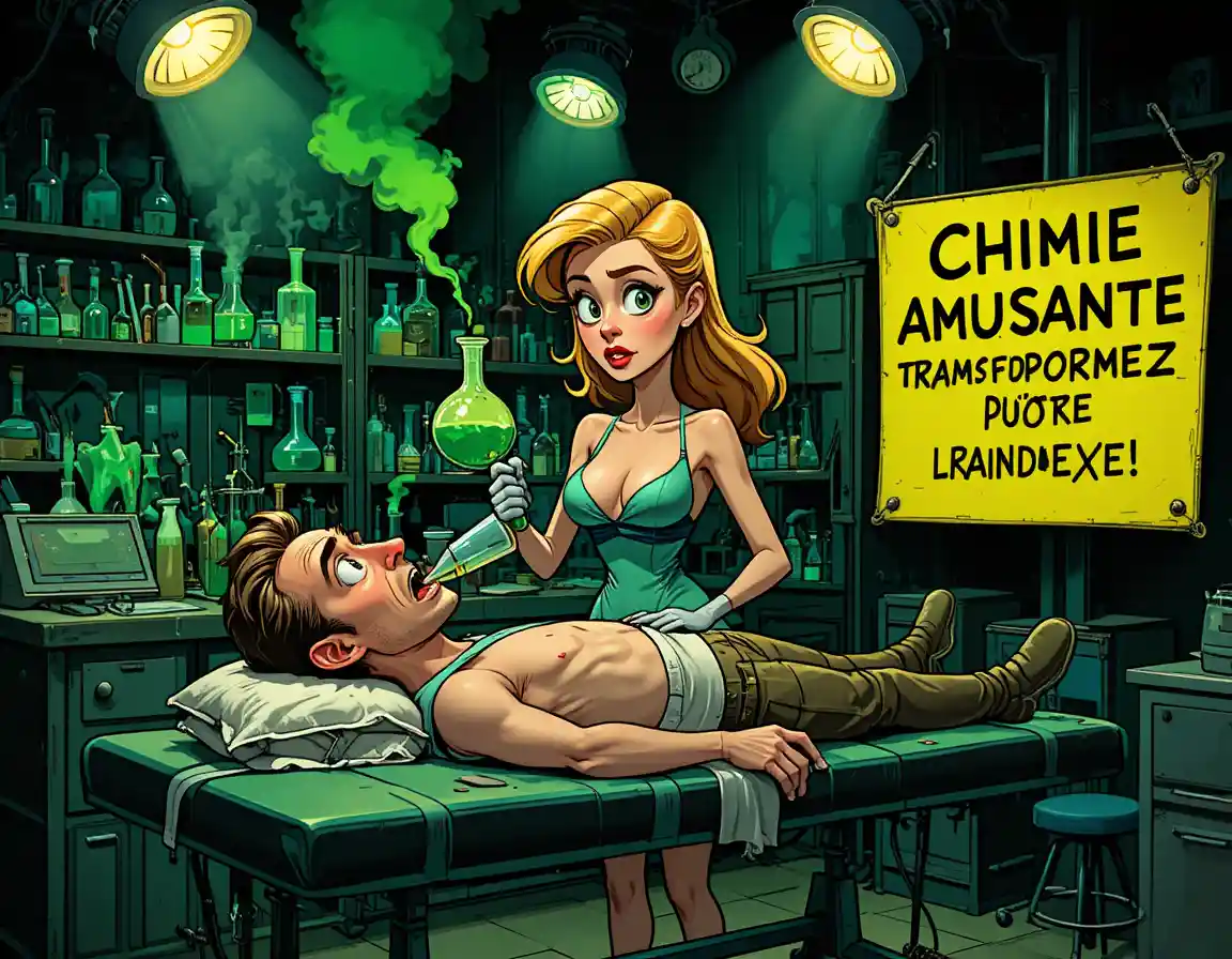 A mischievous blonde woman conducts a risky experiment beside a startled patient