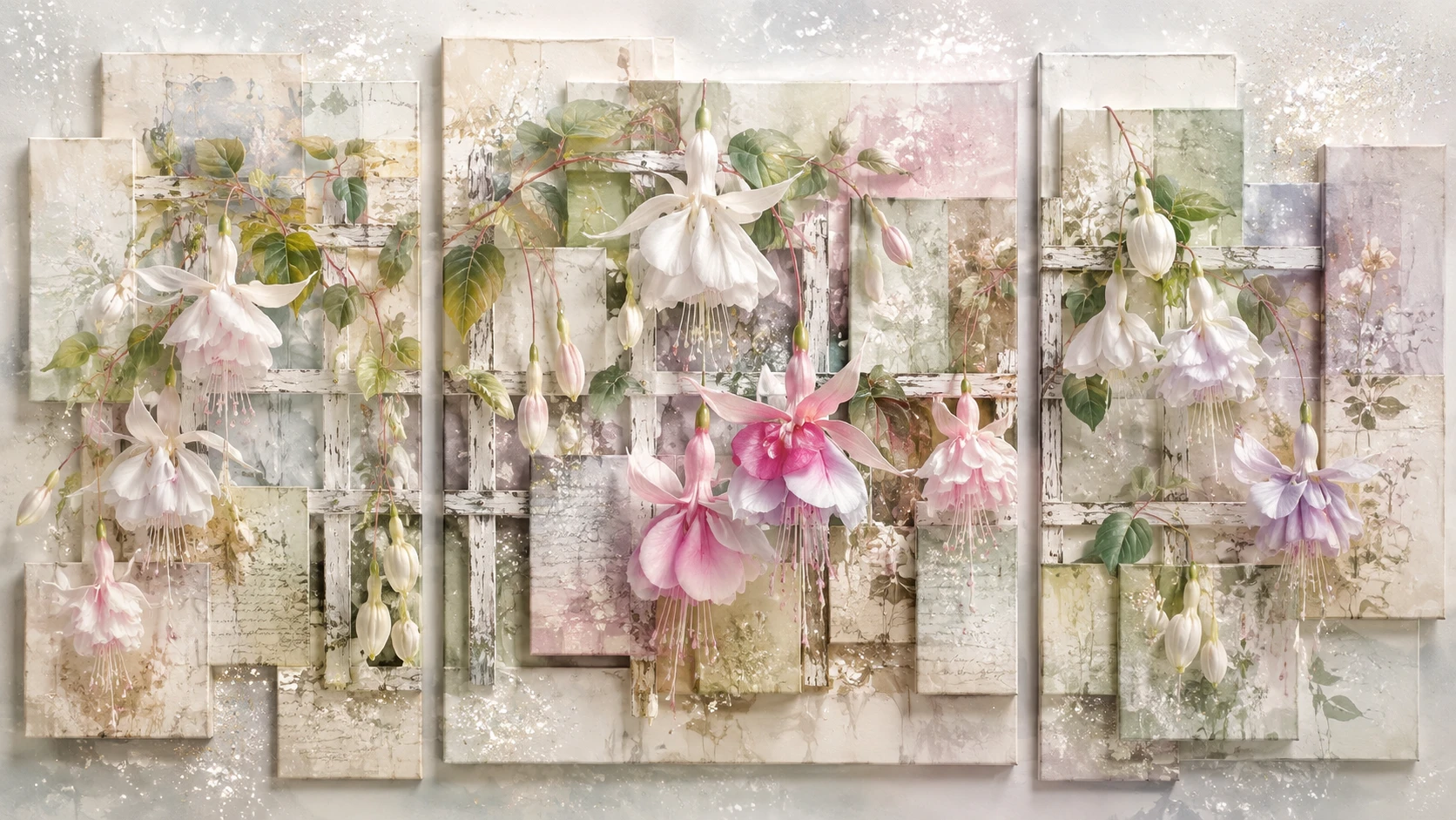 White fuchsia flowers on an old trellis in a layered collage