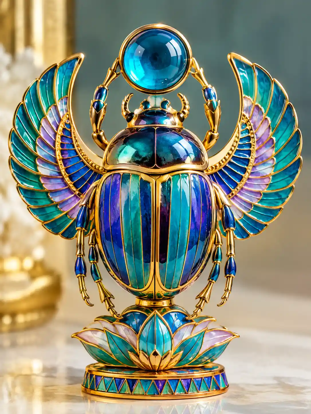 An ornate scarab sculpture with bright pastel enamel details