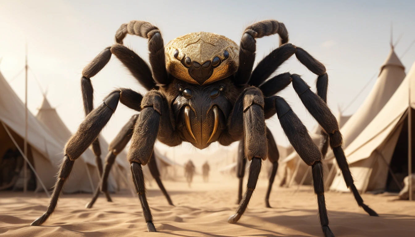 Una guerrera rubia recorre un campamento en el desierto junto a una tarántula gigante