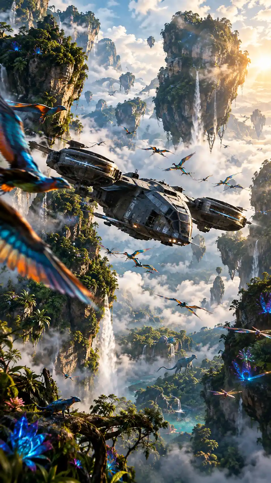 Una aeronave futurista vuela entre inmensas cumbres montañosas flotantes