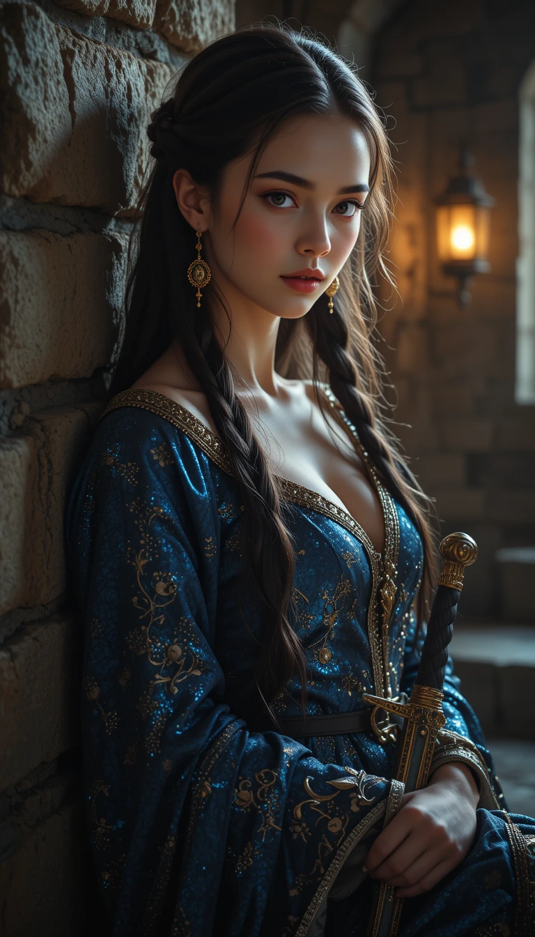 A fantasy woman with a sword in a lantern lit stone room