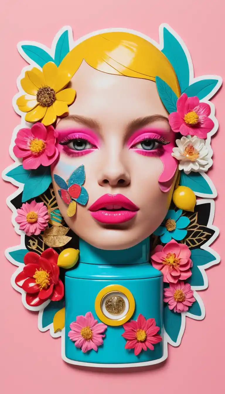 Pop art collage of oversized pink lips beside a dreamy illustrated sun
