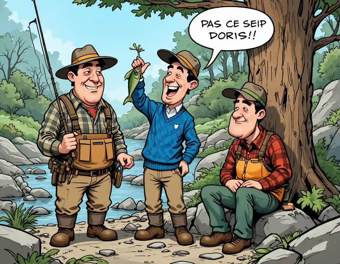 Three fishermen share a comical moment beside a tree