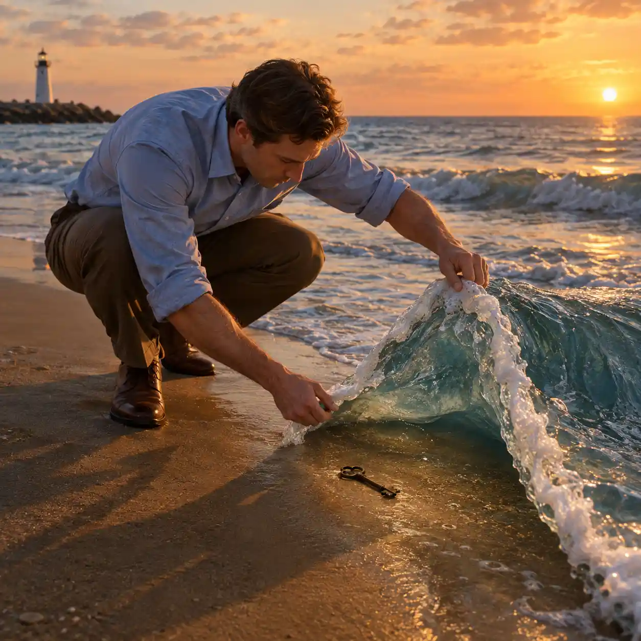 A Man Peels Back an Ocean Wave on a Sandy Beach
