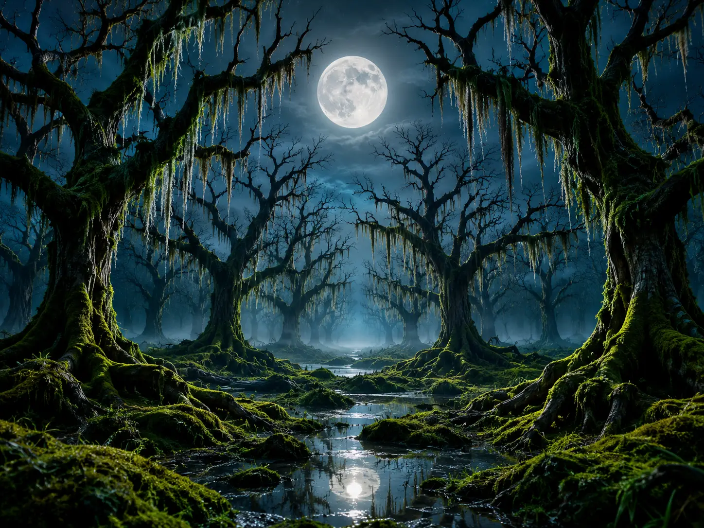 Leafless trees with hanging moss under a full moon in an enchanted forest