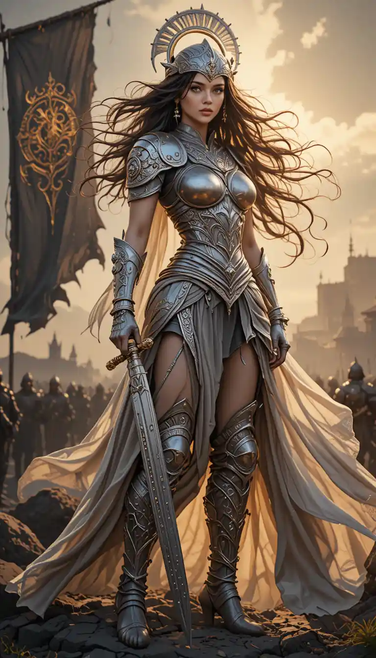 Armored Warrior Woman Stands With Sword Beneath A White Cape
