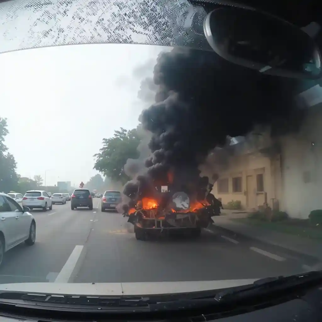 A Sudden Road Incident Recorded by a Dashcam or Traffic Camera