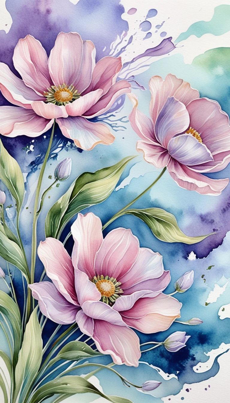 A watercolor painting of flowers dancing among soft flowing clouds