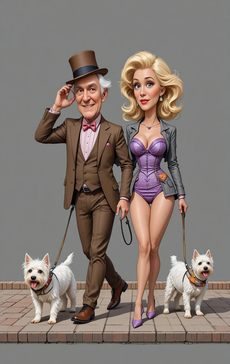 Elderly Pair Exchange a Comical Greeting While Walking Their Small Terriers
