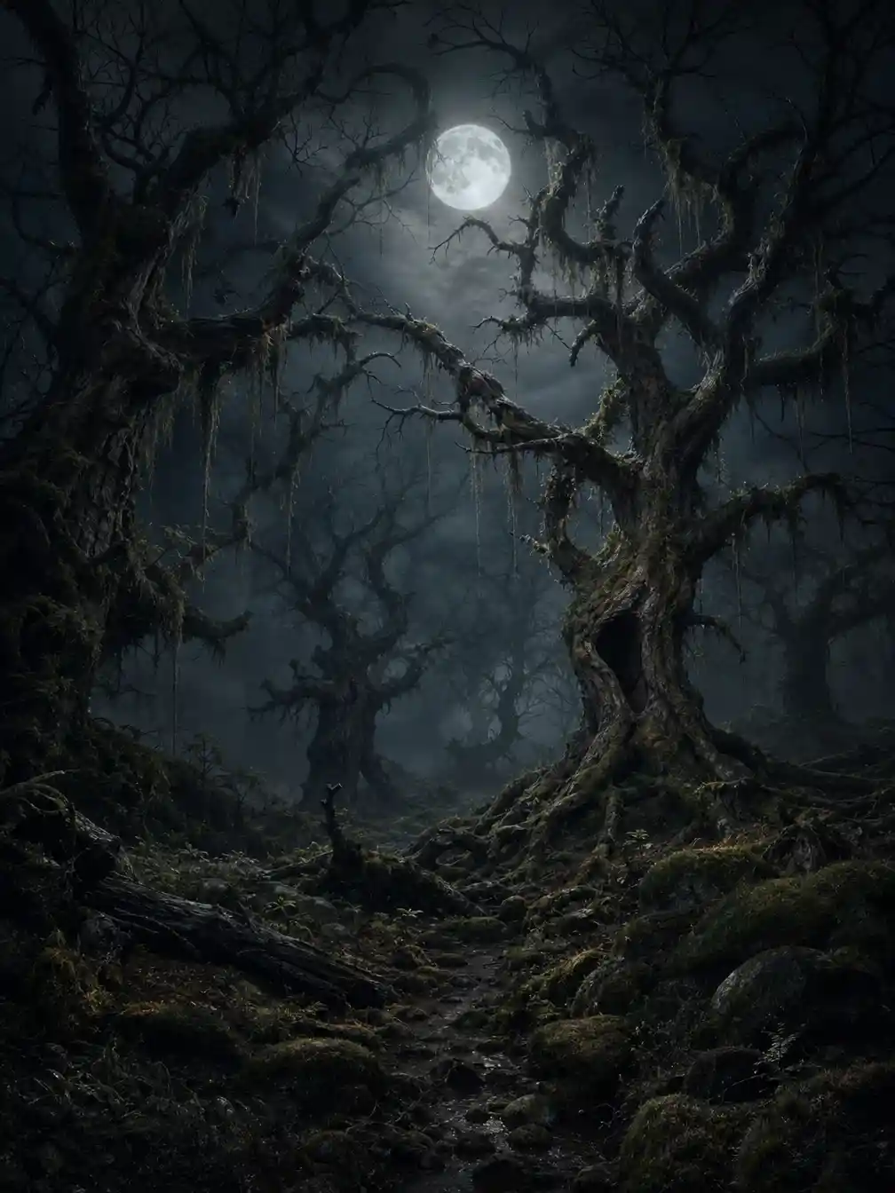 Leafless trees with hanging moss fill an eerie moonlit forest