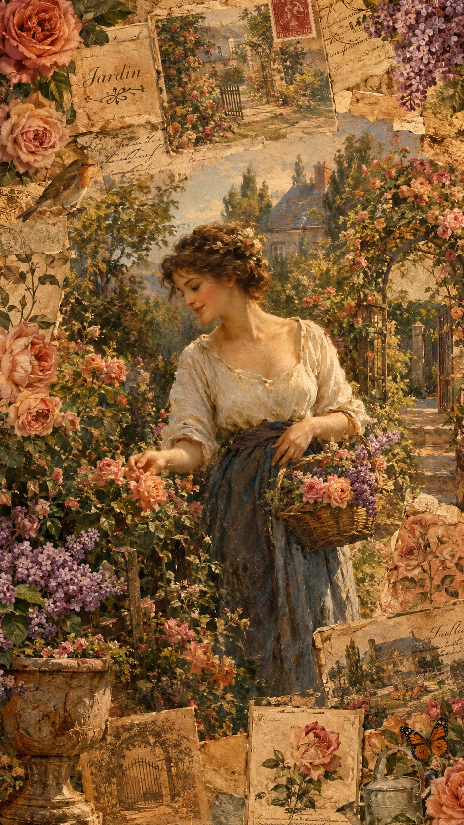 Una mujer en el centro de un collage vintage de un jardín de rosas