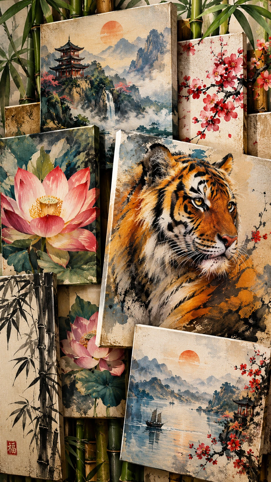 Un tigre y flores dan vida a un paisaje asiático en un collage de lienzos superpuestos