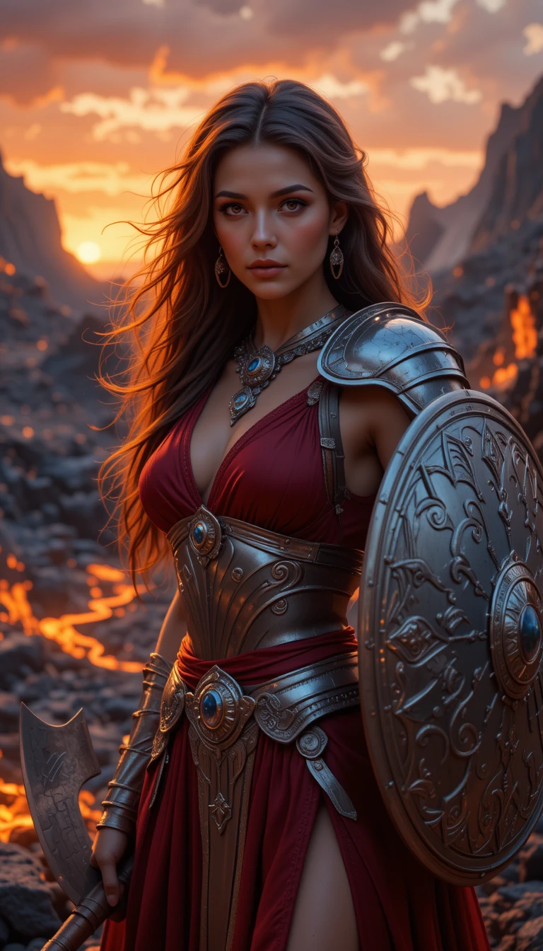 Princesa guerrera con escudo de zafiro y hacha de batalla entre la lava