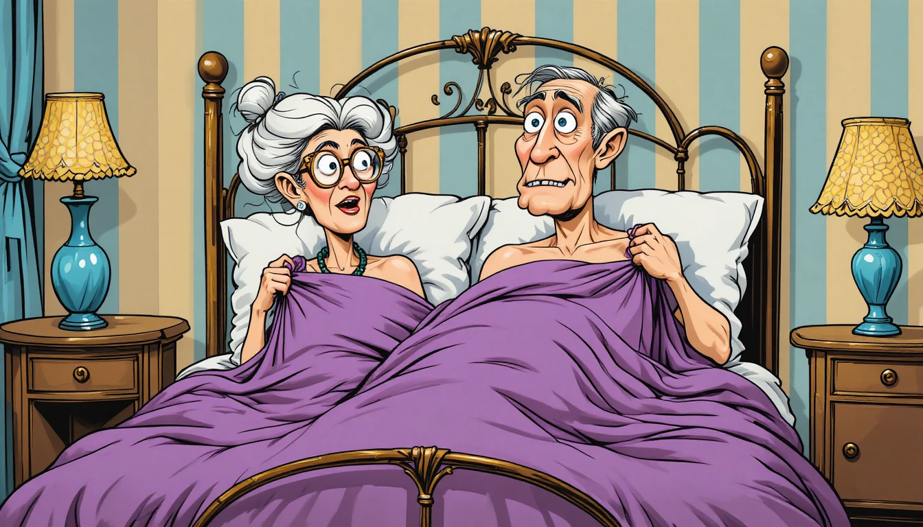 An elderly wife reveals her surprised husband beneath a purple duvet