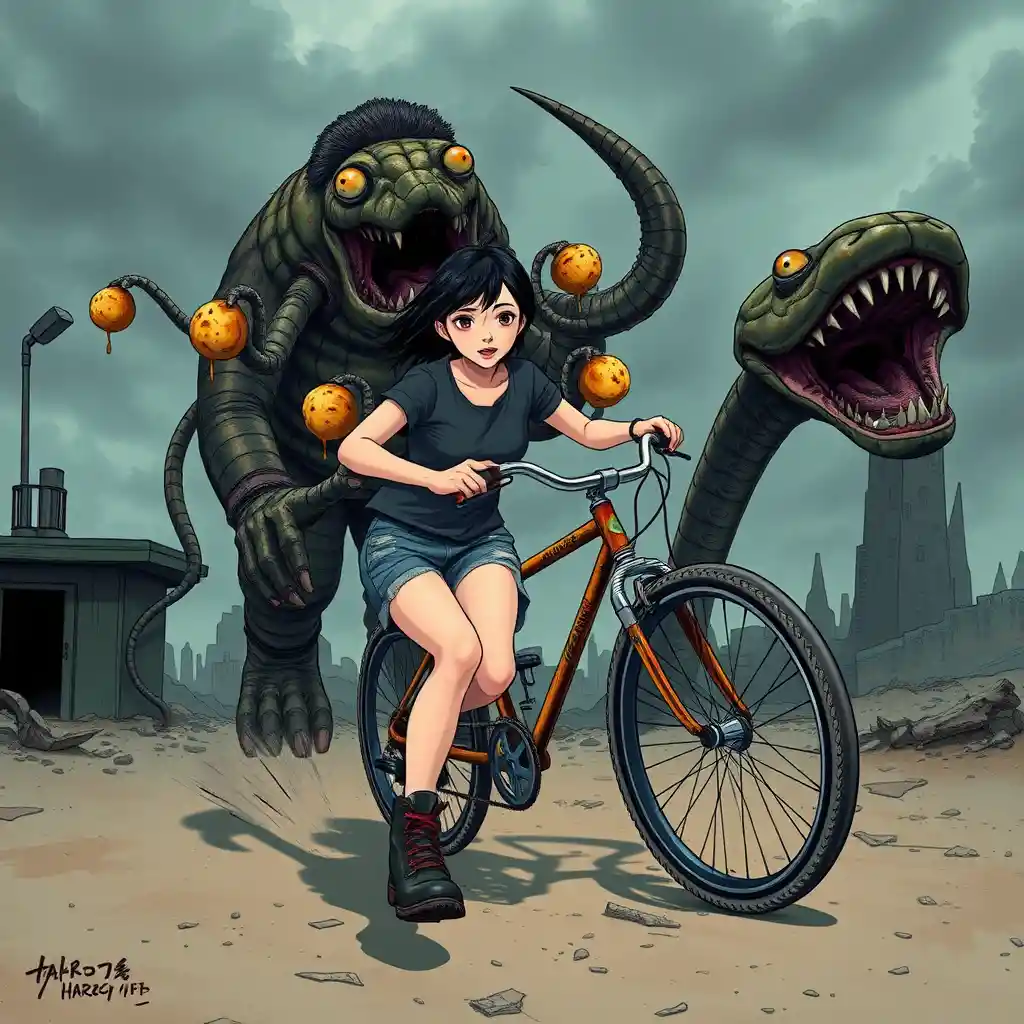 Una joven escapa de una criatura monstruosa que va en una bicicleta oxidada