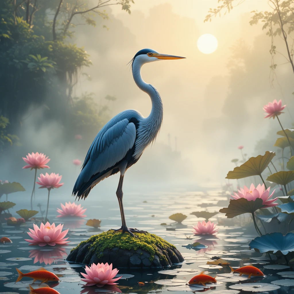 A heron standing beside lotus flowers in a misty pond at sunrise